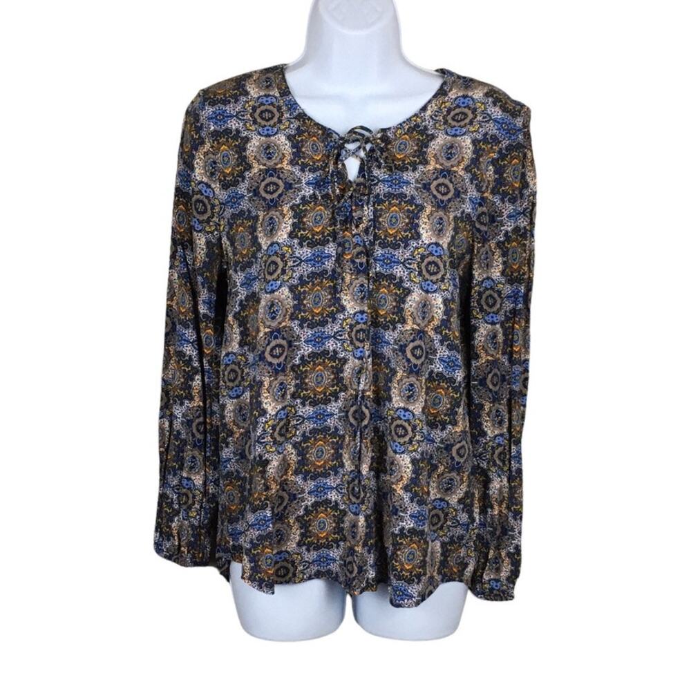 Daniel Rainn Blouse Tie Neck Blue Bohemian Printed Long Sleeve Lace-Up Women's S
